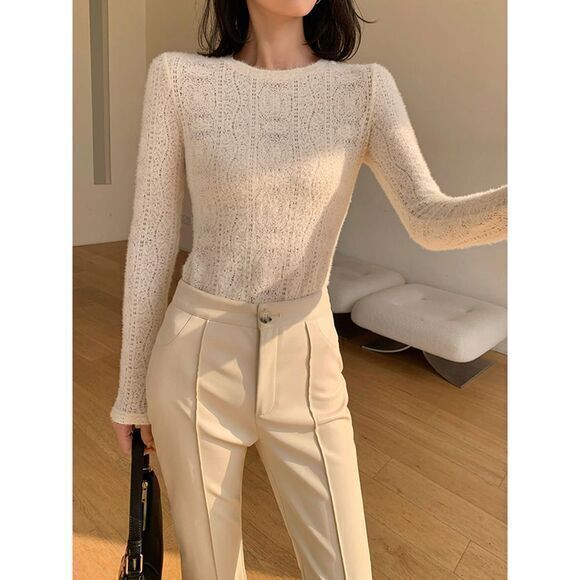 Commense Cream Knit Sweater Long Sleeve Crew Neck Soft Fuzzy Pullover Large - Picture 4 of 12